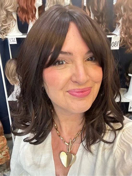 372  Dark Brown Bouncy curl 14” Wavy synthetic Wig with curtain bangs