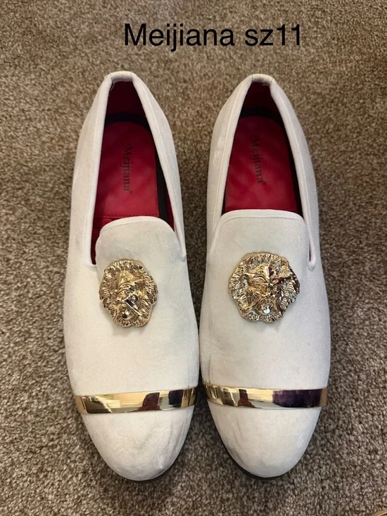 Mens White Suede Slip-On Loafers with Gold Lion Accent