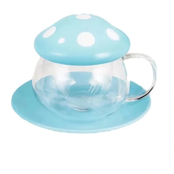 NIB Blue Mushroom Glass Tea Cup With Infuser Lid Saucer