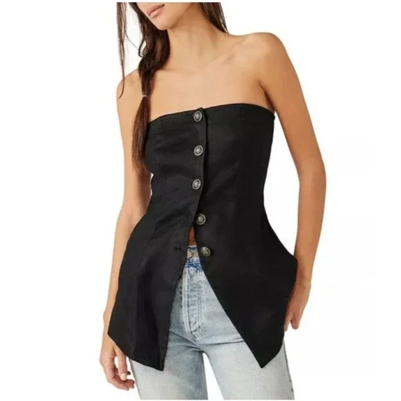 Free People‎ Corset Top Womens 8 Black Strapless Button Down Linen Blend
