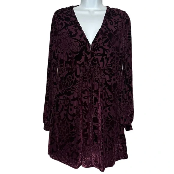 Free People Women’s Deep Purple All Night Long Velvet Burnout Mini Dress-Size XS
