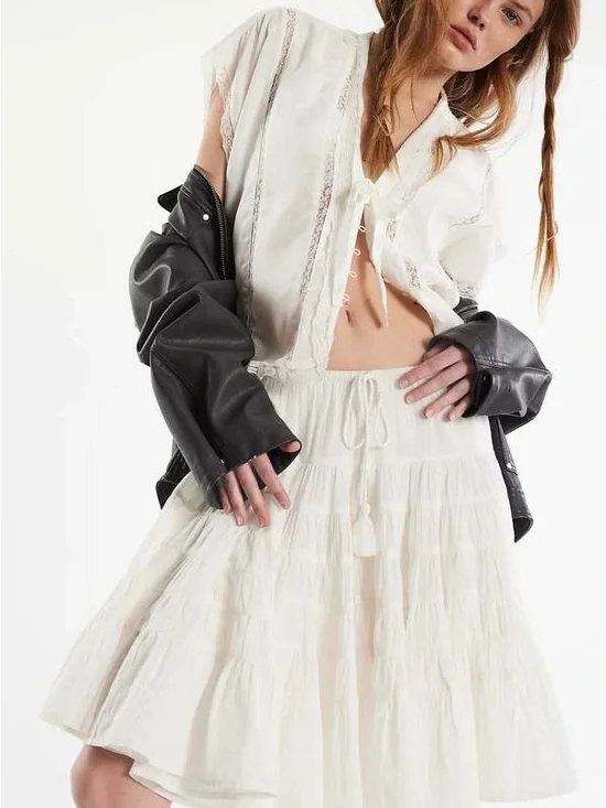 Free People Many Layers 100% Cotton Boho Prarie Y2K Flowy White Midi Skirt XS