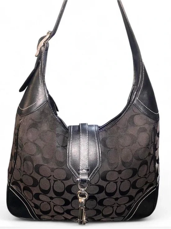 Coach Black Signature Jacquard Hobo Bag with Leather Trim
