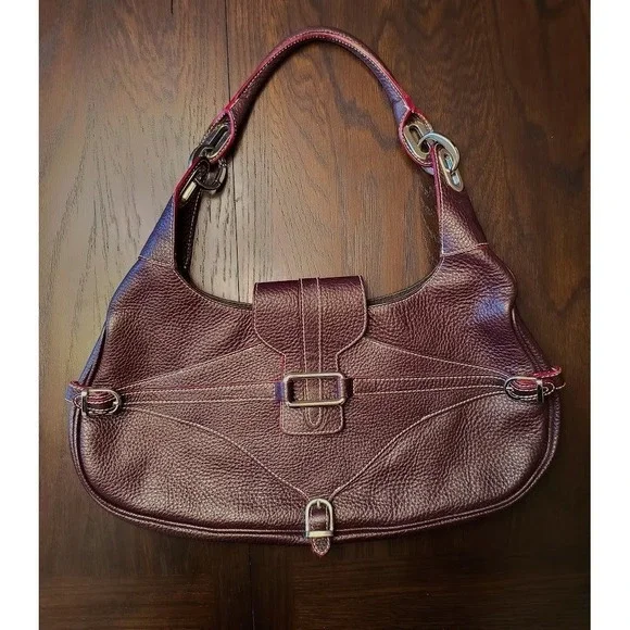 Guia's Oxblood Leather‎ Hobo Shoulder Bag Large Silver Hardware & Buckle Accents