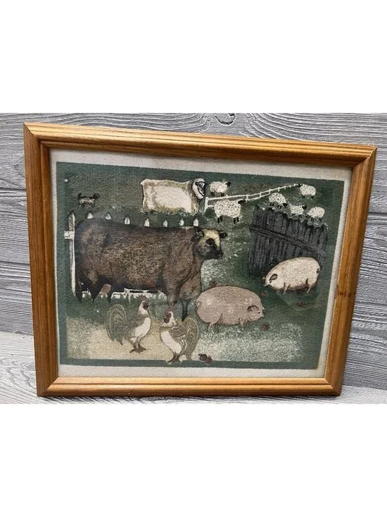 Farm Animals Framed Cloth Tapestry Look Print Primitive Folk Art Style Farmhouse