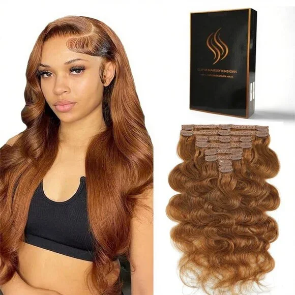 Clip in Hair Extensions Real Human Hair Body Wave 22 Inches Auburn Ginger