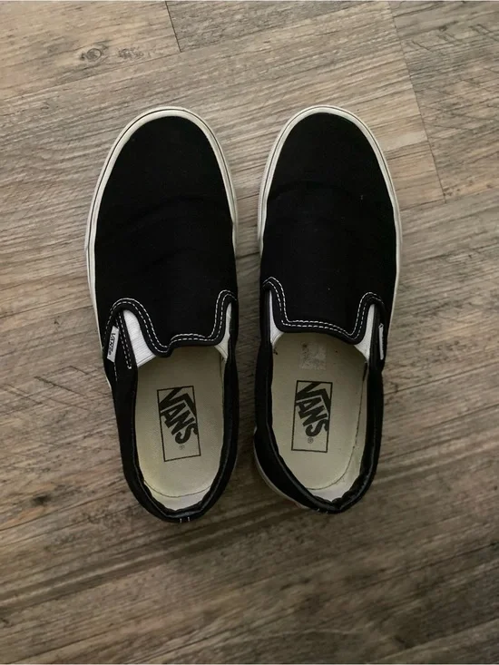 Vans Black Canvas Slip-On Loafers with White Trim