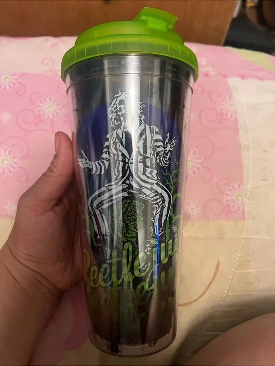 Beetlejuice Graphic Travel Tumbler with Lime Green Lid