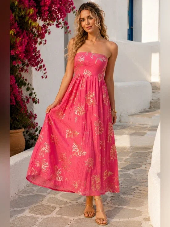 NWT Free People Strapless Metallic Floral Maxi Dress XS Open Back Tie Resort