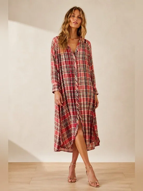 Free People Plaid Midi Shirt Dress | Boho Pink Plaid Button Front Dress | Size S