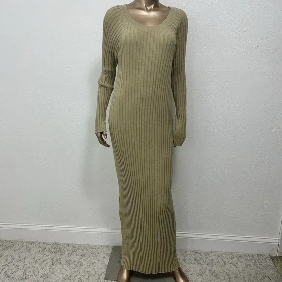 Free People Beach Khaki  Walk About Ribbed Long Sleeve Maxi Dress Bodycon Size L