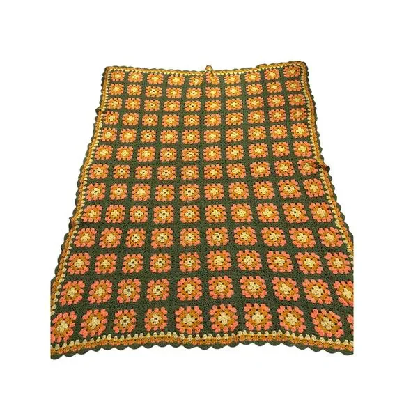 Vintage retro granny square afghan straight from the 70’s green orange