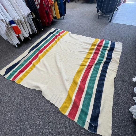 Vintage Wool 4 Point Blanket Cream Multi Stripe Cabin Lodge 70x82 hudson bay