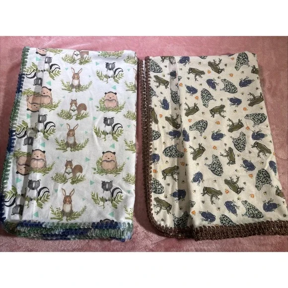 Woodland Animals & Frogs Baby Blanket Lot Of Two, Crochet Trim 42x35.