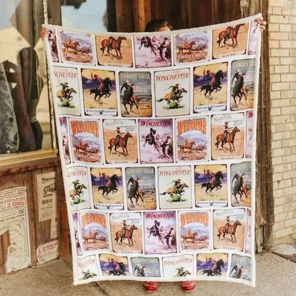 Lucky & Blessed Western Cowboy Poster Sherpa Throw‎ Blanket Vintage Rustic NEW