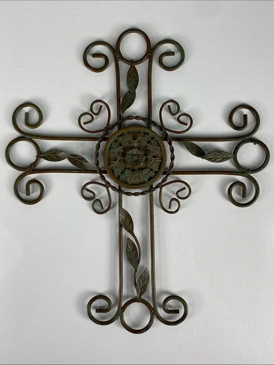 UMA Enterprises Rustic Metal Cross Wall Art Fleur De Lis Scroll Work Home Decor