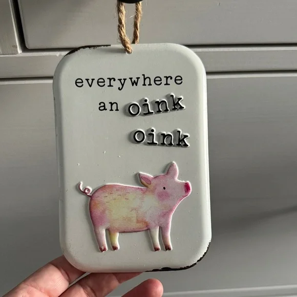 Pig Metal Wall Art Hangin Sign Pink and White