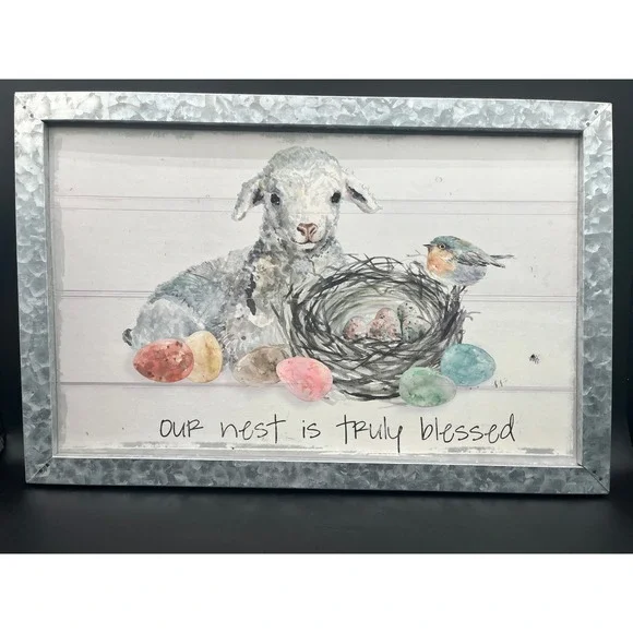 Farmhouse Galvanized Framed Art Our Nest Is Truly‎ Blessed Lamb Bird 18.25x12
