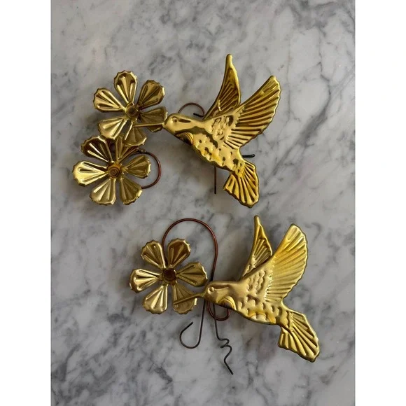 Vintage Brass Hummingbird Flower Wall Art Set Mid Century Gold Metal Decor 2pc