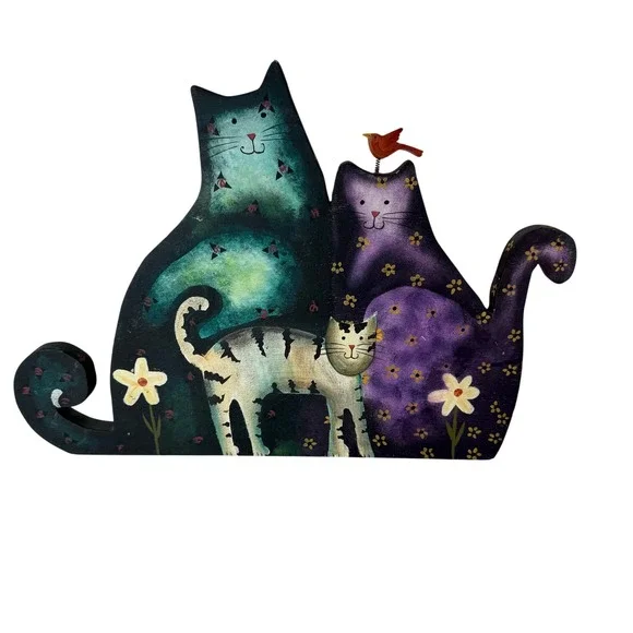 Whimsical Hand Painted Wooden Cat Trio Wall Hanging with Bobble Bird 18in