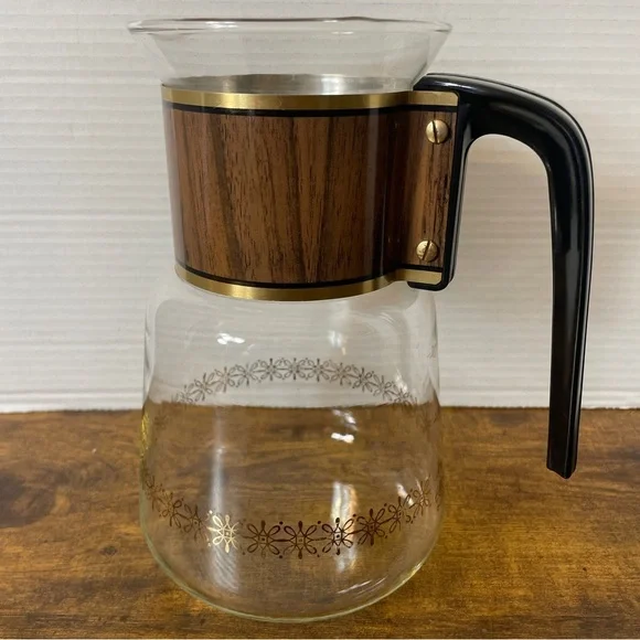 VTG Cory Glass 8c Coffee Pot Carafe Pitcher‎ Wood Grain Gold DGPL5 Retro 70s 80s