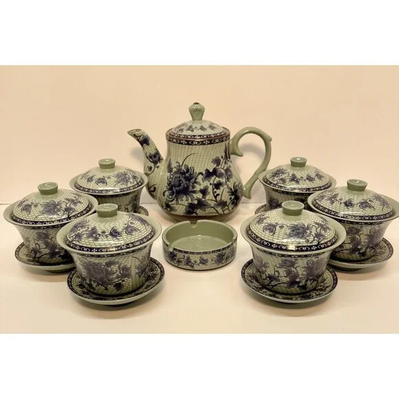 Vintage Bairuxue Art Ceramics Chinese Tea Set Blue Floral on Grey/Green-BOXED