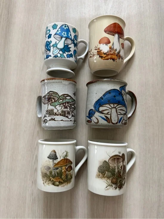 Lot of 6 Vintage Ceramic Mushrooms Doublesided Coffee Tea Mug Cups MCM