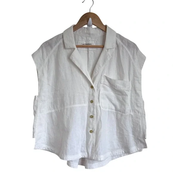 Free People Womens Oversized Linen Button Down Shirt XS White Boho Coastal Crop