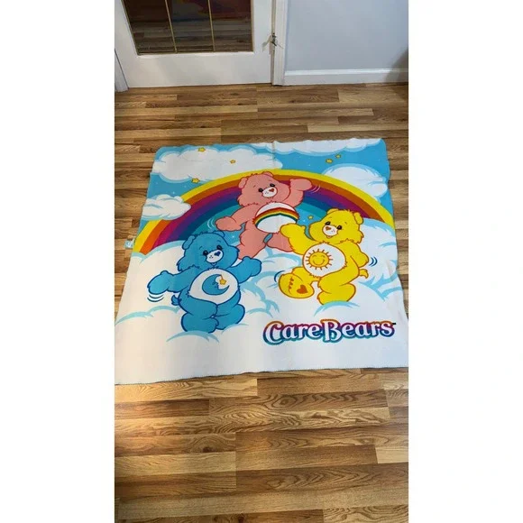 Care Bears Fleece Throw Blanket Rainbow Cheer Funshine Bedtime Bear Blue White