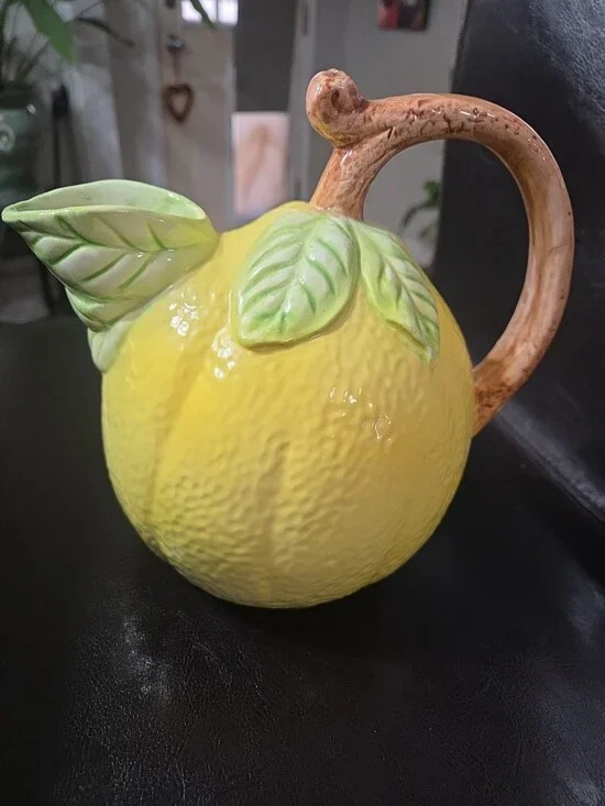 American Vintage Ceramic Lemon Pitcher Hand Painted Yellow Leaf Handle - Used