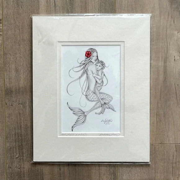 Original Art Sketch Signed Artisan Mermaid Marybeth Snider‎ Woman & Child Hawaii