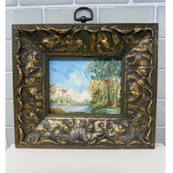 VTG Miniature European Landscape Painting Ornate Olive Gold Frame