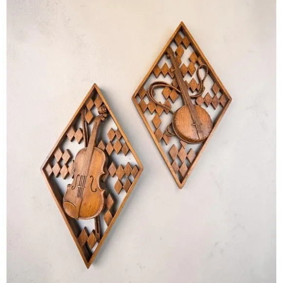 Vintage Set Of 1960s Mid Century Folk Art Musical Wall Plaques Of Violin & Banjo