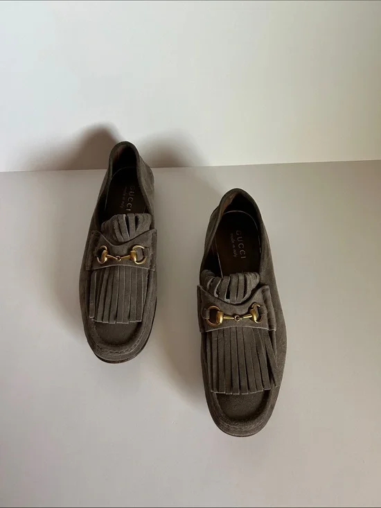 Gucci Brown Suede Fringe Horsebit Loafers
