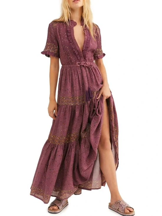 Free People Rare Feelings Mauve Floral Print Boho Maxi Dress