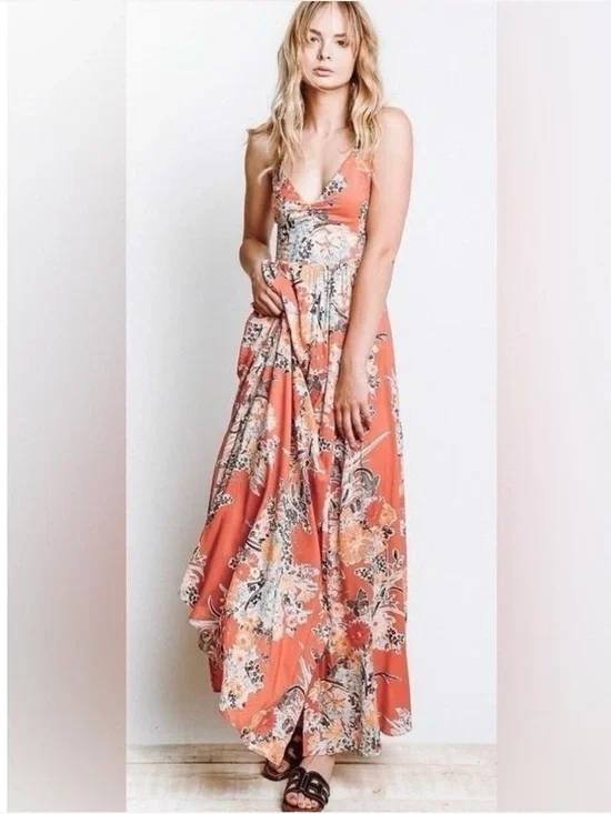 Free People Through The Vine Feminine Mixed Floral Print Flowy Maxi Dress• Small