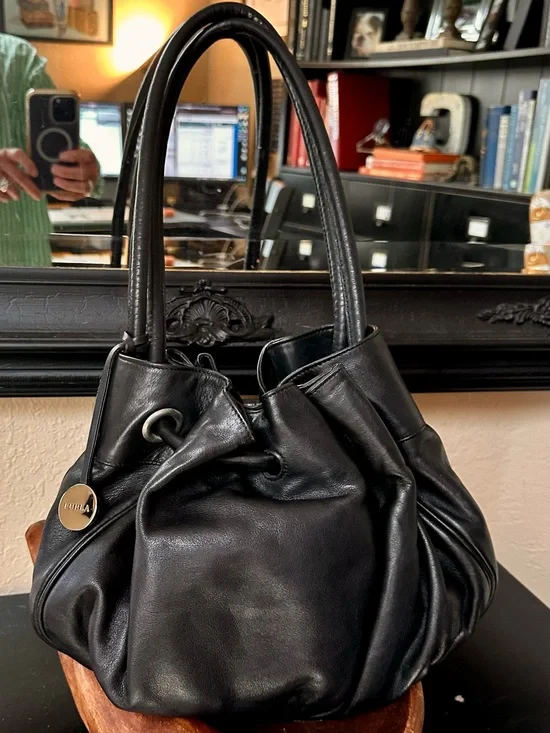 Furla Black Leather Gathered Hobo Bag