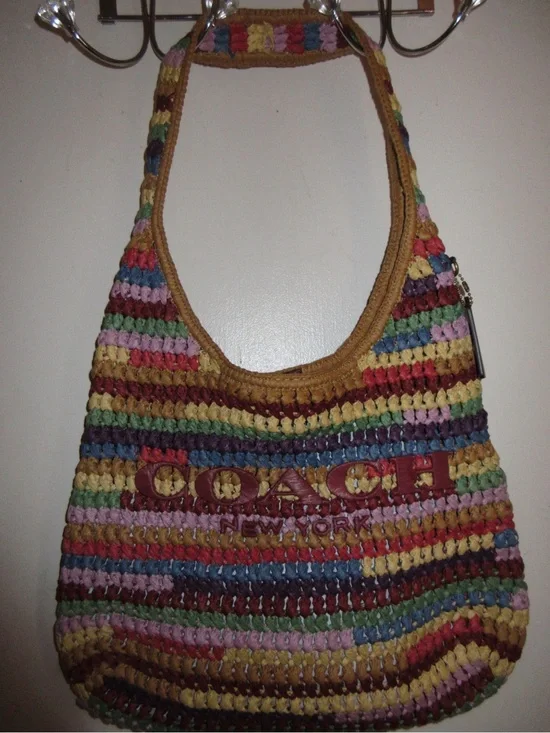 COACH Multicolor Crochet Stripe Hobo Bag with Brown Trim