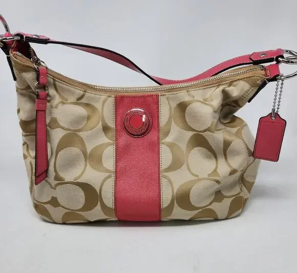 Vtg Y2K Coach Signature Stripe Hobo Shoulder Bag F19281 Khaki/Berry Pink