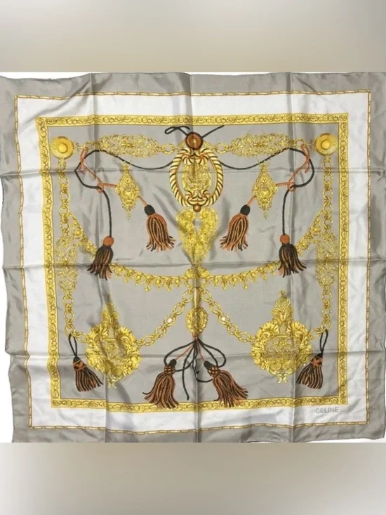 Vintage Celine Paris Silk Scarf Tassel Print Gray Gold Orange Black 34” France
