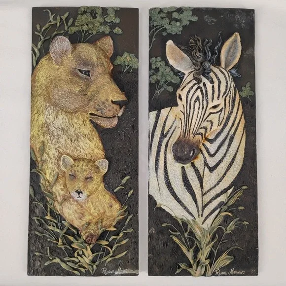 Ruane Manning 2pc Painted 3D Wildlife Resin Plaques Lion &‎ Zebra Safari African