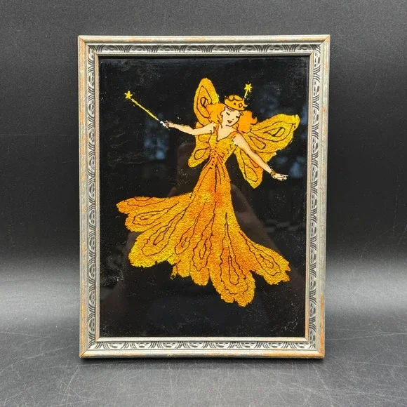 Vintage Gold Fairy Foil Art Framed Home Decor Retro Art Deco Whimsical Cottage