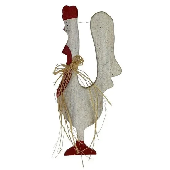 Handmade Tall Speckled Chicken Wall Hanging Raffia Bow Wood 22