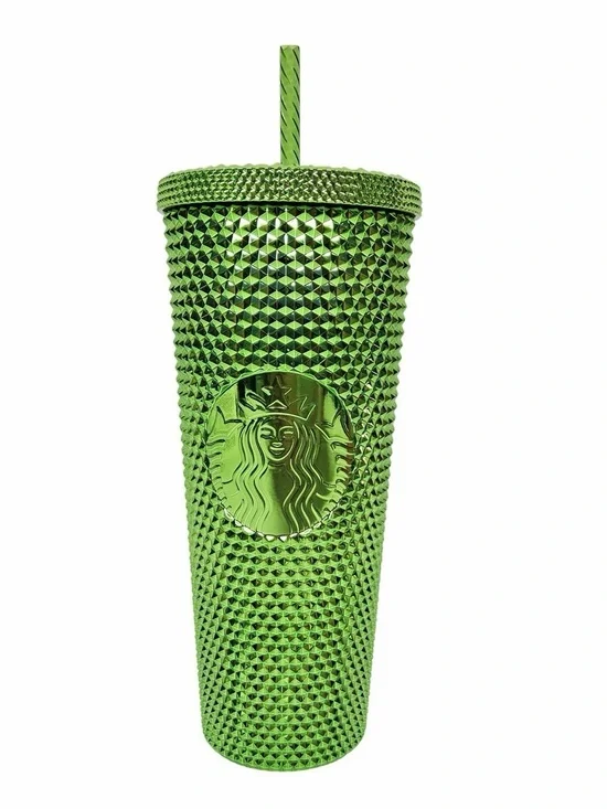 Starbucks Tumbler 24oz Lime Green Studded Metallic Grid Cold Cup 011147112