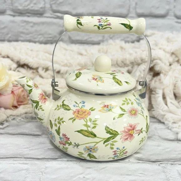 Floral Enamel Tea Pot Kettle Stove Top Porcelain  Cottage Core Farmhouse Nice!