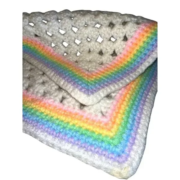 NEW Pastel Rainbow Crochet Knit Blanket 3‎ Feet 3' White Baby Boy Girl Square