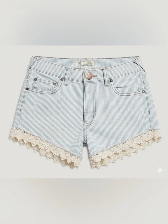 FREE PEOPLE Lightwash Striped Jean Shorts with Lace Trim 25