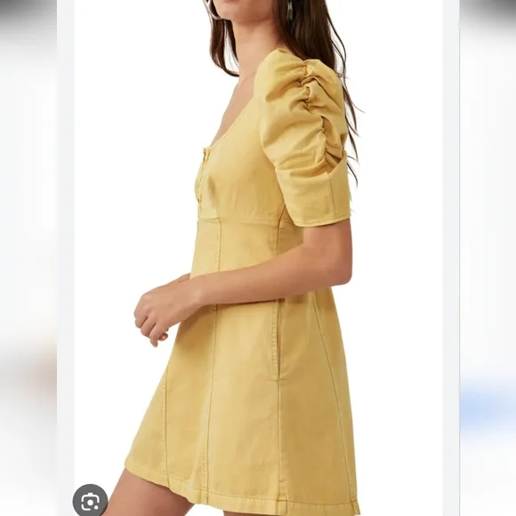 Free People Cheyenne Denim Mini Dress Babydoll Smocked Pockets Puffer Sleeve S