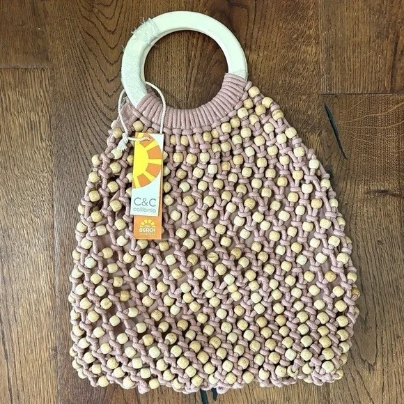 NWT C&C California‎ Macrame Purse Beaded Wooden Handle Boho Retro Bag