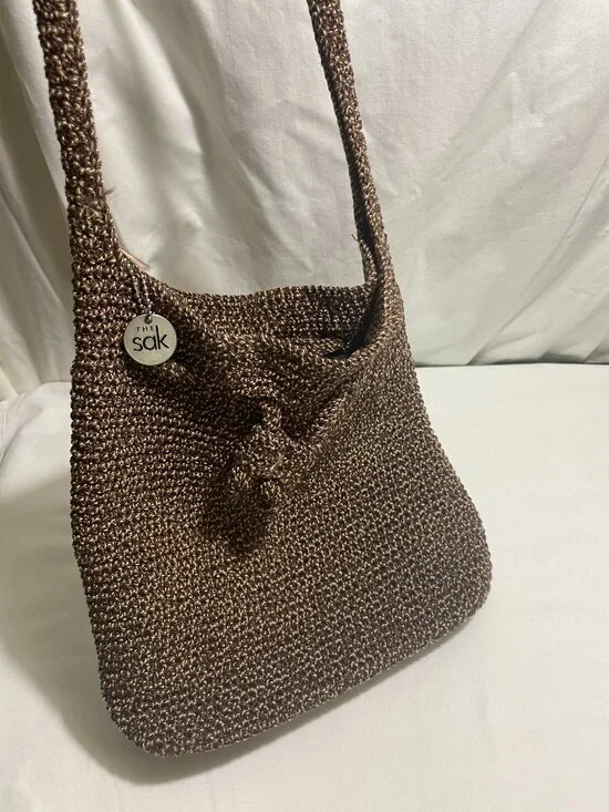 The Sak Brown Crochet Knit Drawstring Shoulder Bag Boho Slouch Hobo Purse